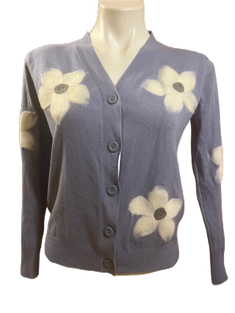 Aaeda Blue Floral Button-Front Women's Cardigan Sweater XS
